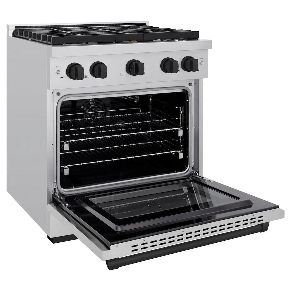 ZLINE Autograph Edition Paramount 30-inch range in stainless steel and matte black accents SGRZ-30-MB, door open
