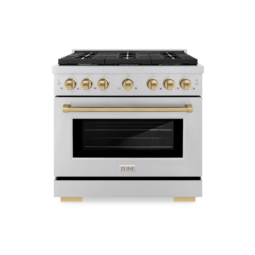 ZLINE Autograph Edition Paramount 36-inch range in stainless steel and champagne bronze accents SGRZ-36-CB, front view