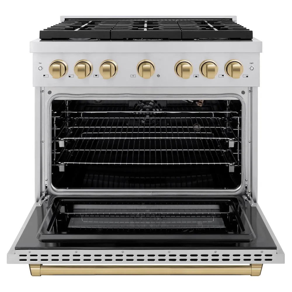 ZLINE Autograph Edition Paramount 36-inch range in stainless steel and champagne bronze accents SGRZ-36-CB, front view