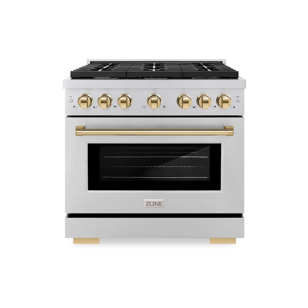 ZLINE Autograph Edition Paramount 36-inch range in stainless steel and polished gold accents SGRZ-36-G, front view