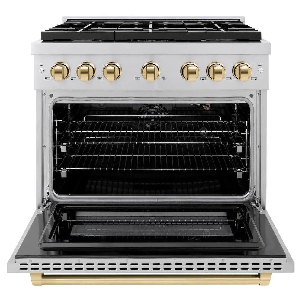 ZLINE Autograph Edition Paramount 36-inch range in stainless steel and polished gold accents SGRZ-36-G, front view