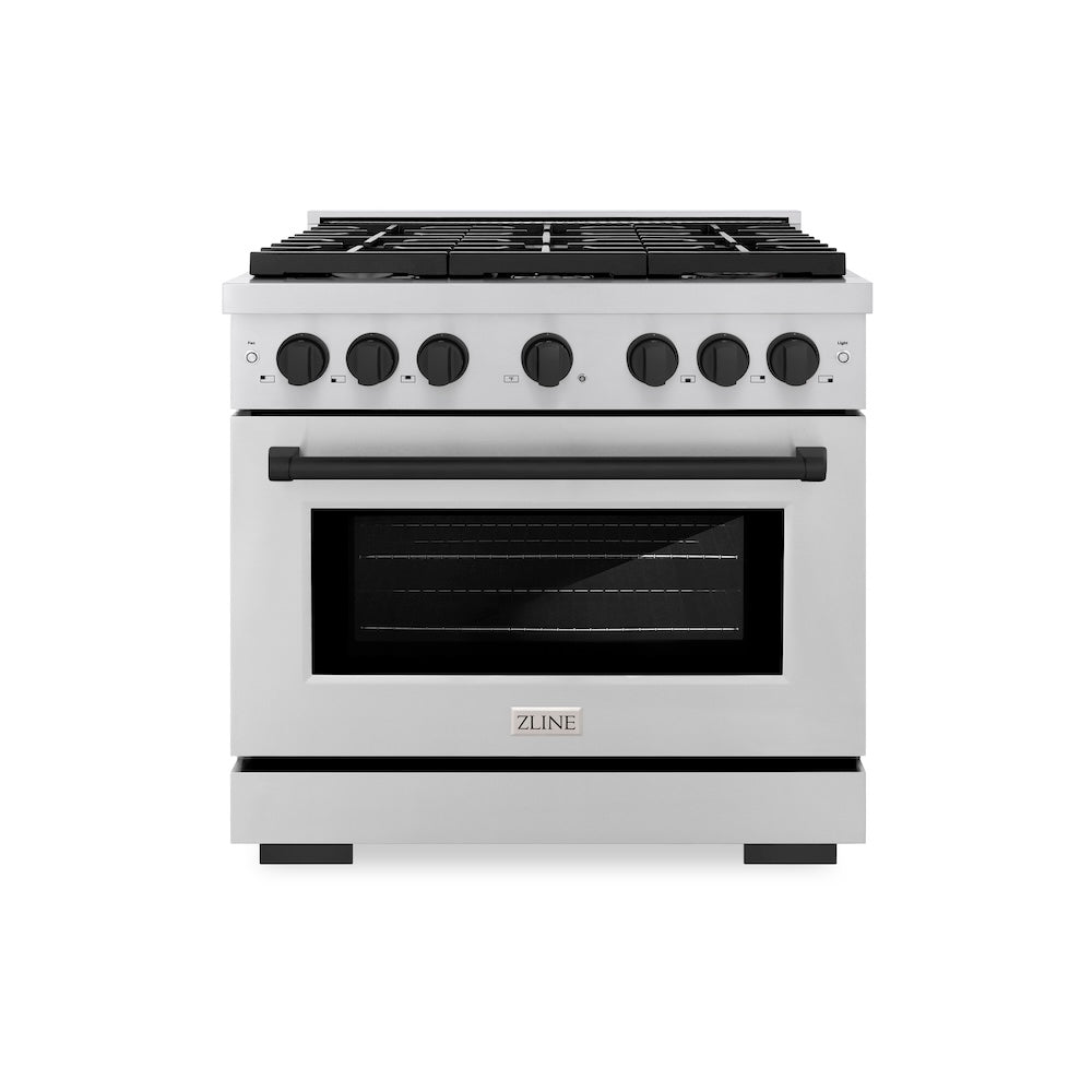ZLINE Autograph Edition Paramount 36-inch range in stainless steel and matte black accents SGRZ-36-MB, front view