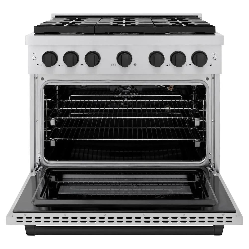 ZLINE Autograph Edition Paramount 36-inch range in stainless steel and matte black accents SGRZ-36-MB, front view