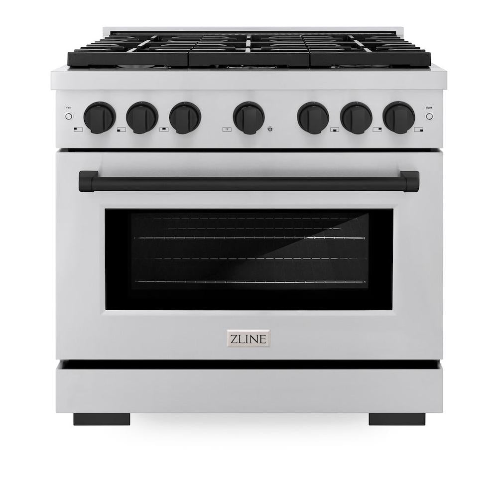ZLINE Autograph Edition Paramount 36-inch range in stainless steel and matte black accents SGRZ-36-MB, front view