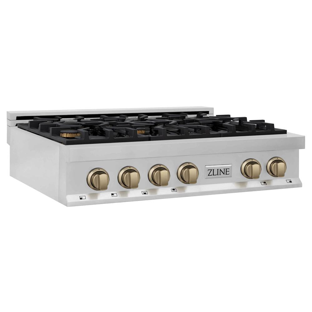 ZLINE Autograph Edition Legacy 36-inch rangetop in stainless steel and champagne bronze accents RTZ-36-CB, from above