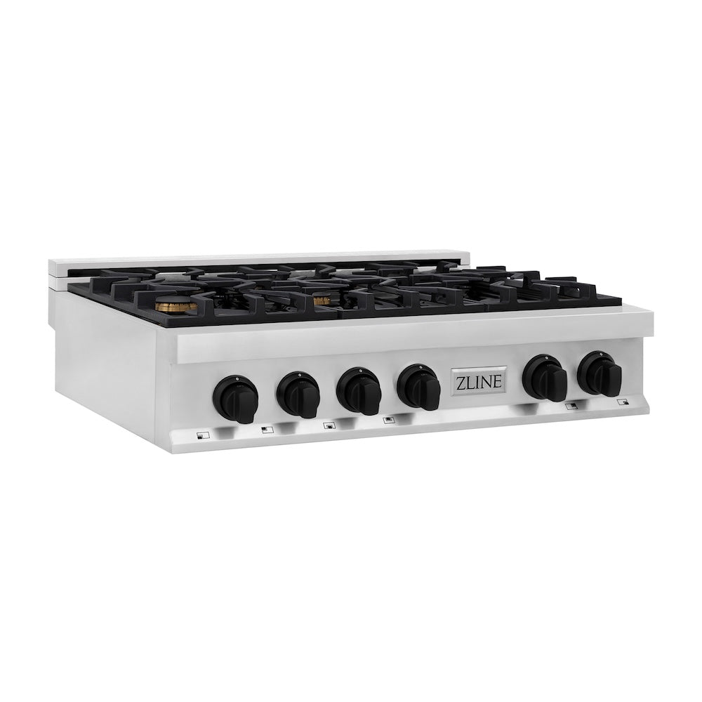 ZLINE Autograph Edition Legacy 36-inch rangetop in stainless steel and matte black accents RTZ-36-MB, from above