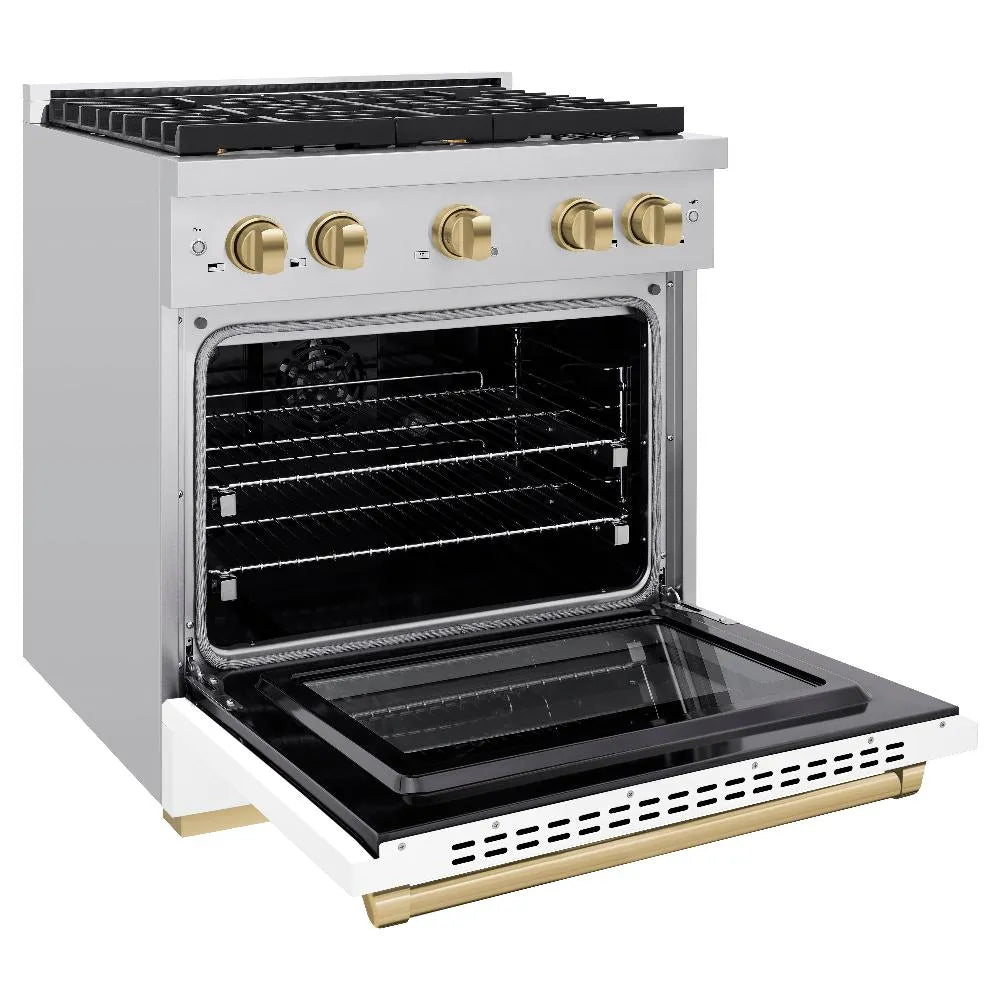 ZLINE Autograph Edition Paramount 30-inch range in stainless steel with white matte door and champagne bronze accents SDRZ-WM-30-CB, door open