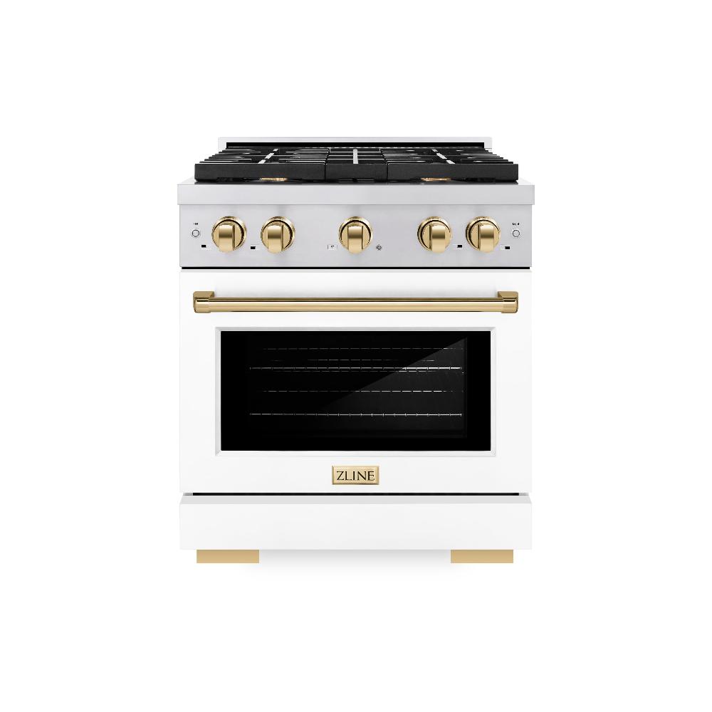 ZLINE Autograph Edition Paramount 30-inch range in stainless steel with white matte door and polished gold accents SDRZ-WM-30-G, front view