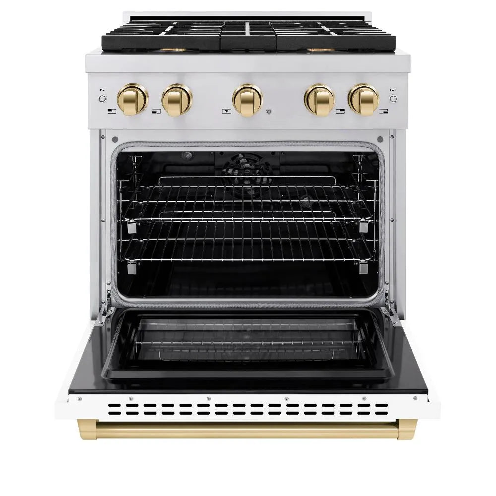 ZLINE Autograph Edition Paramount 30-inch range in stainless steel with white matte door and polished gold accents SDRZ-WM-30-G, front view
