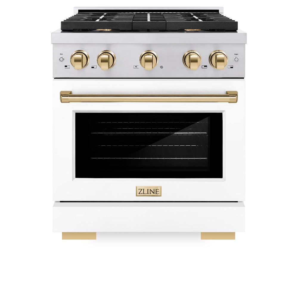 ZLINE Autograph Edition Paramount 30-inch range in stainless steel with white matte door and polished gold accents SDRZ-WM-30-G, front view
