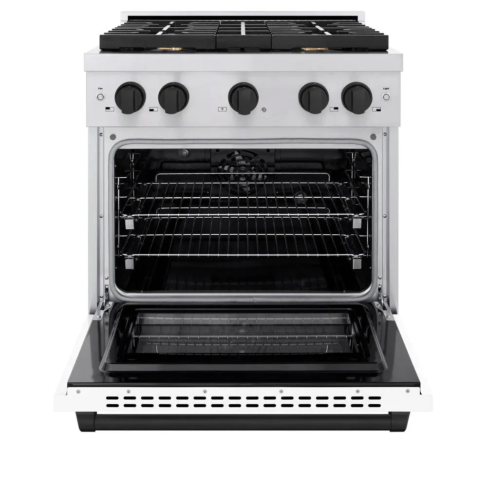 ZLINE Autograph Edition Paramount 30-inch range in stainless steel with white matte door and matte black accents SDRZ-WM-30-MB, front view