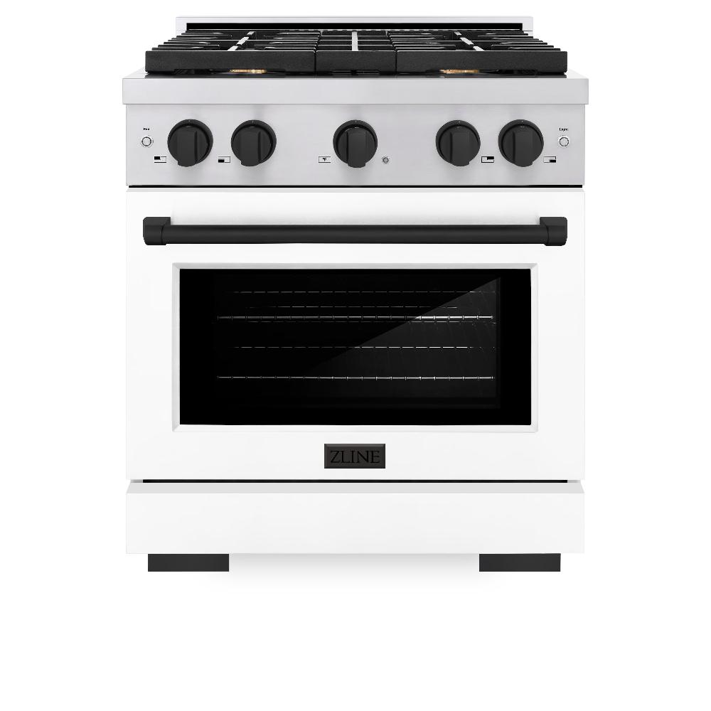 ZLINE Autograph Edition Paramount 30-inch range in stainless steel with white matte door and matte black accents SDRZ-WM-30-MB, front view