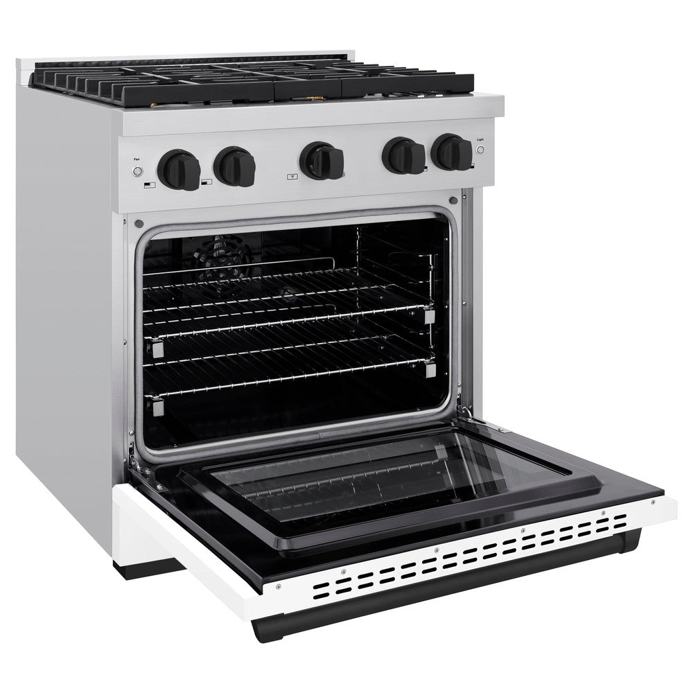 ZLINE Autograph Edition Paramount 30-inch range in stainless steel with white matte door and matte black accents SDRZ-WM-30-MB, door open