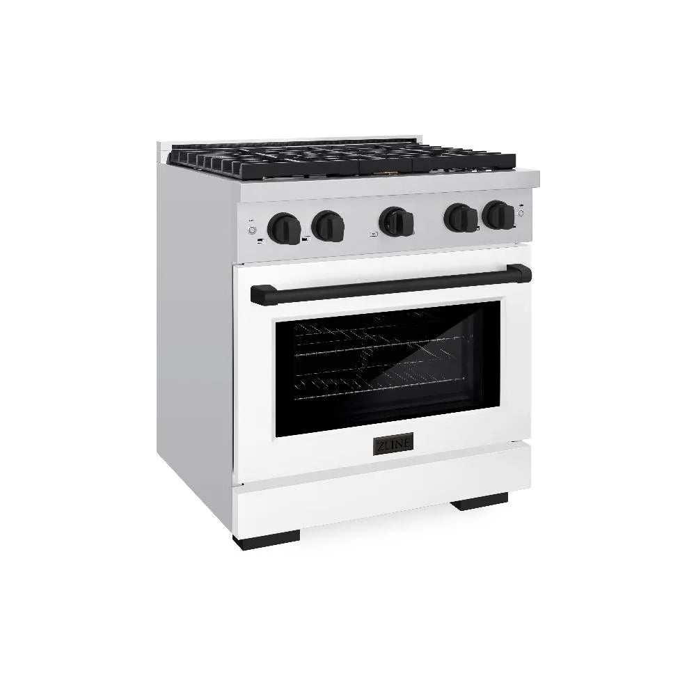 ZLINE Autograph Edition Paramount 30-inch range in stainless steel with white matte door and matte black accents SDRZ-WM-30-MB