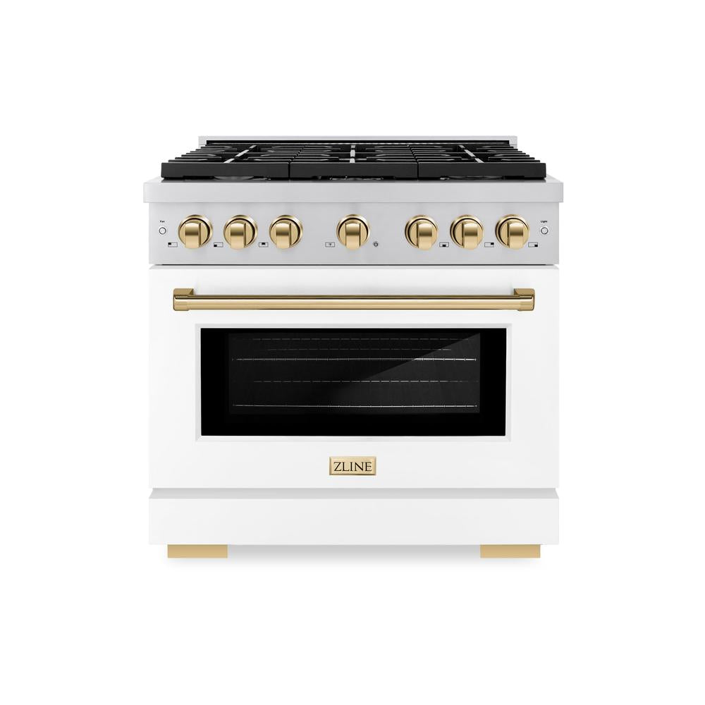 ZLINE Autograph Edition Paramount 36-inch range in stainless steel with white matte door and polished gold accents SDRZ-WM-36-G, front view