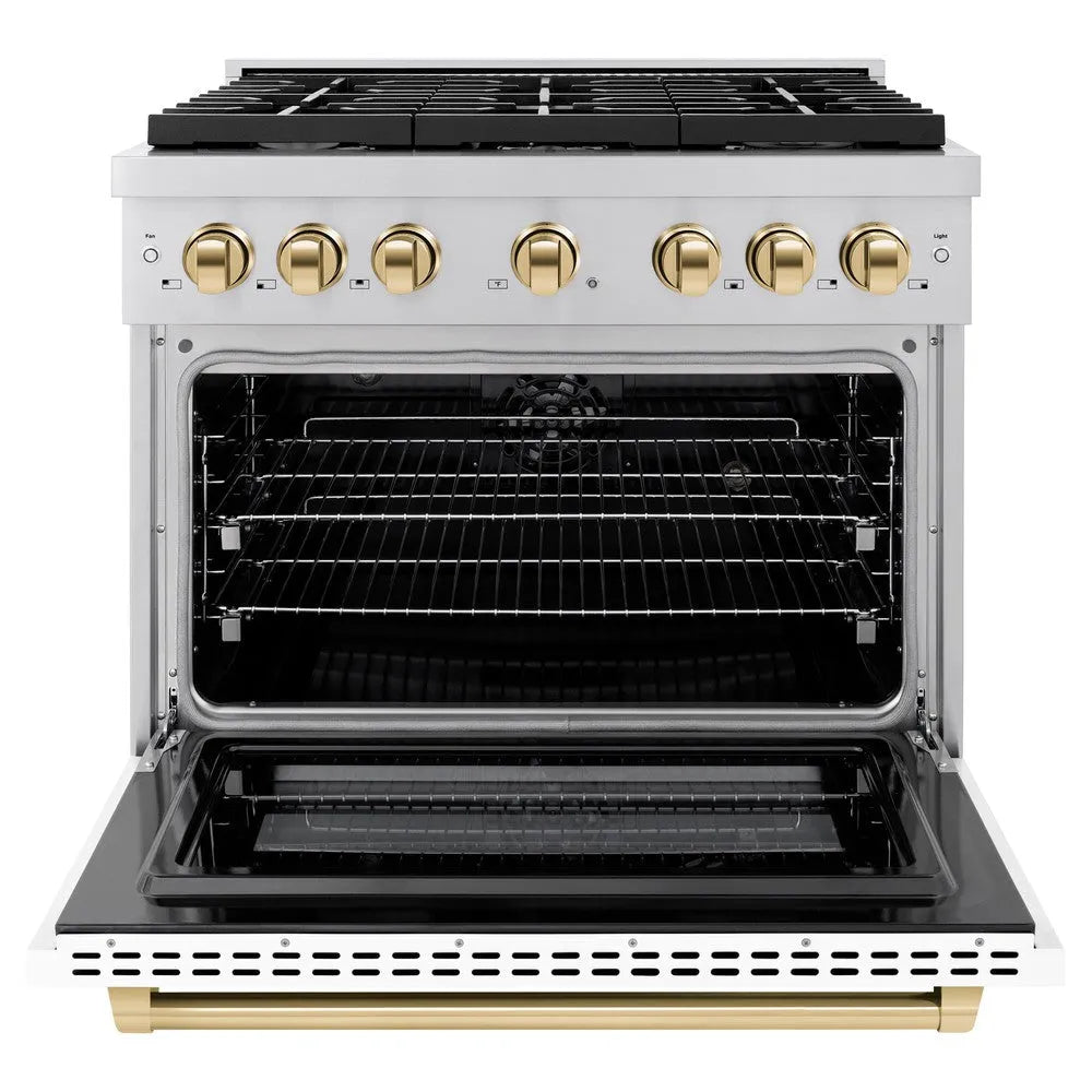 ZLINE Autograph Edition Paramount 36-inch range in stainless steel with white matte door and polished gold accents SDRZ-WM-36-G, front view