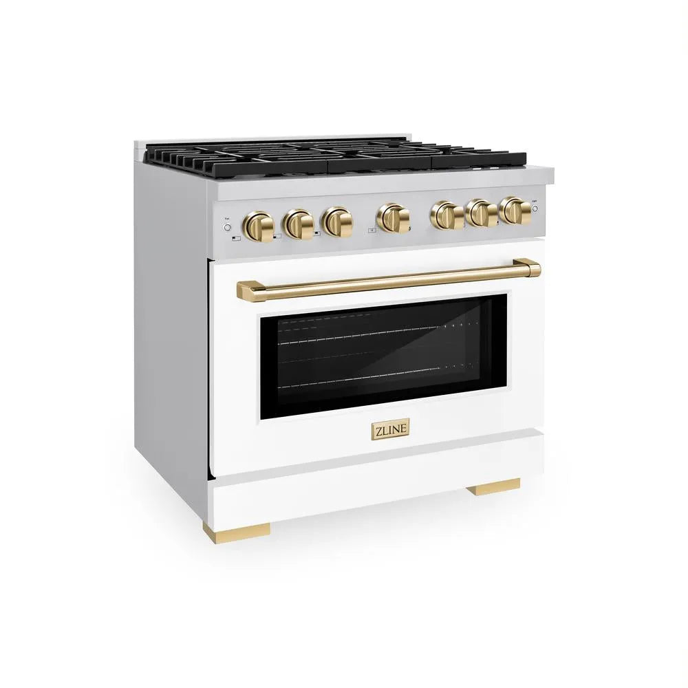 ZLINE Autograph Edition Paramount 36-inch range in stainless steel with white matte door and polished gold accents SDRZ-WM-36-G