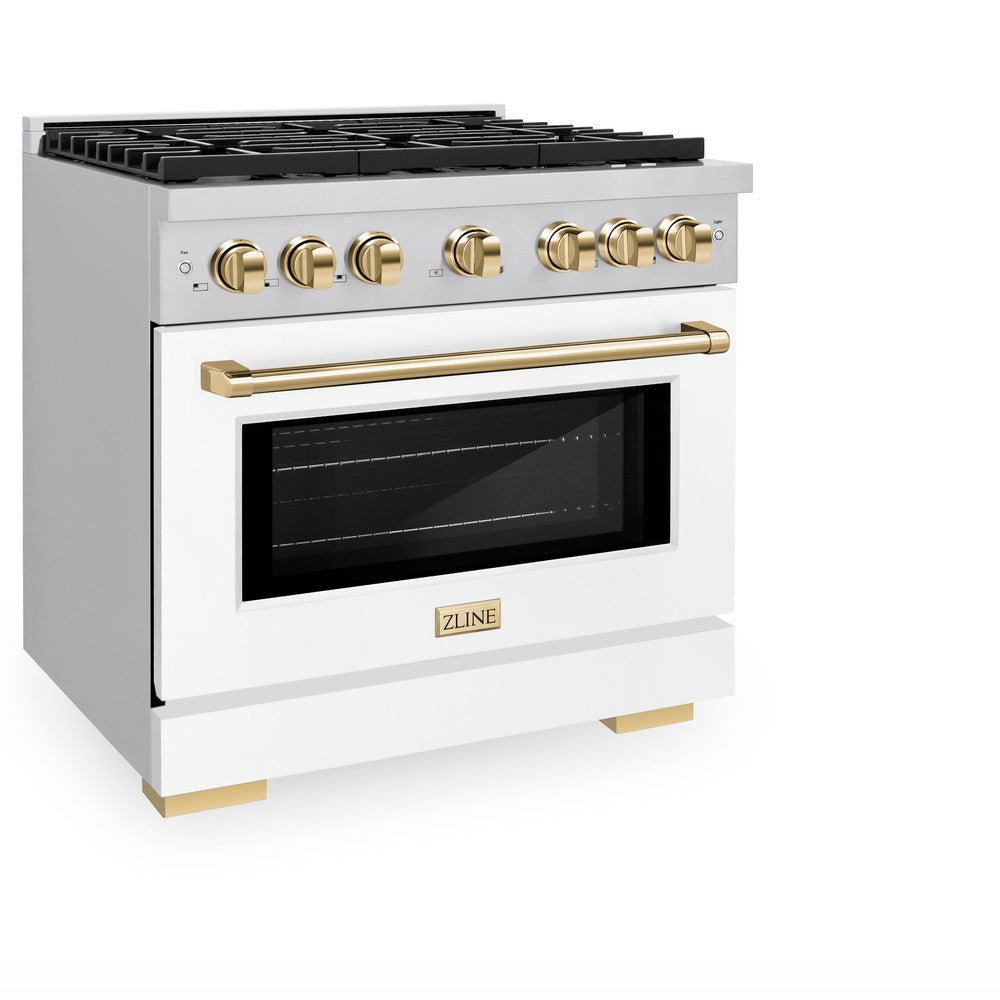 ZLINE Autograph Edition Paramount 36-inch range in stainless steel with white matte door and polished gold accents SDRZ-WM-36-G, view 3