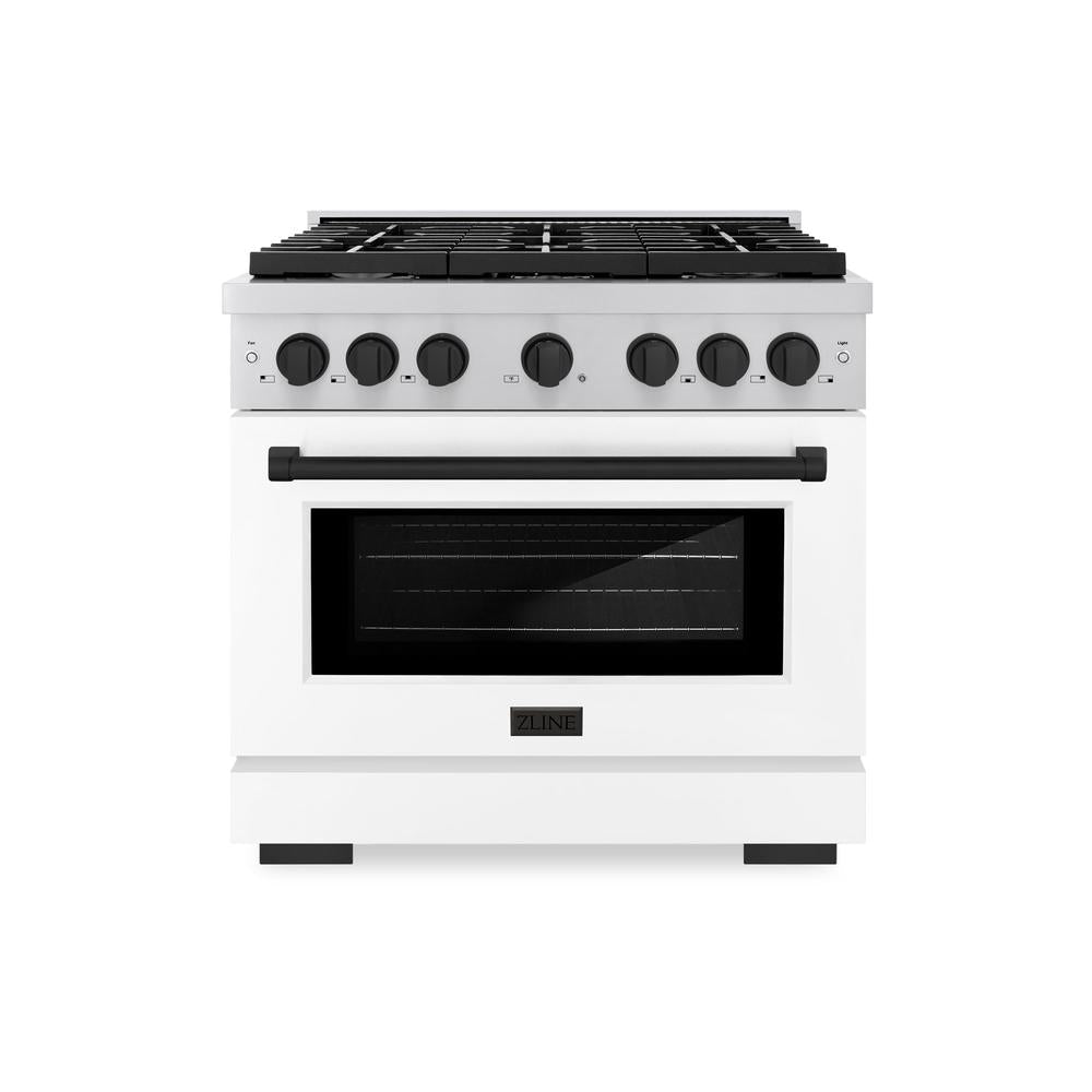 ZLINE Autograph Edition Paramount 36-inch range in stainless steel with white matte door and matte black accents SDRZ-WM-36-MB, front view