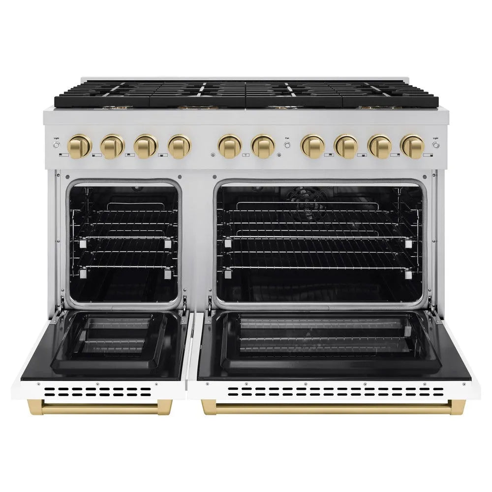 ZLINE Autograph Edition Paramount 48-inch range in stainless steel with white matte door and champagne bronze accents SDRZ-WM-48-CB, front view