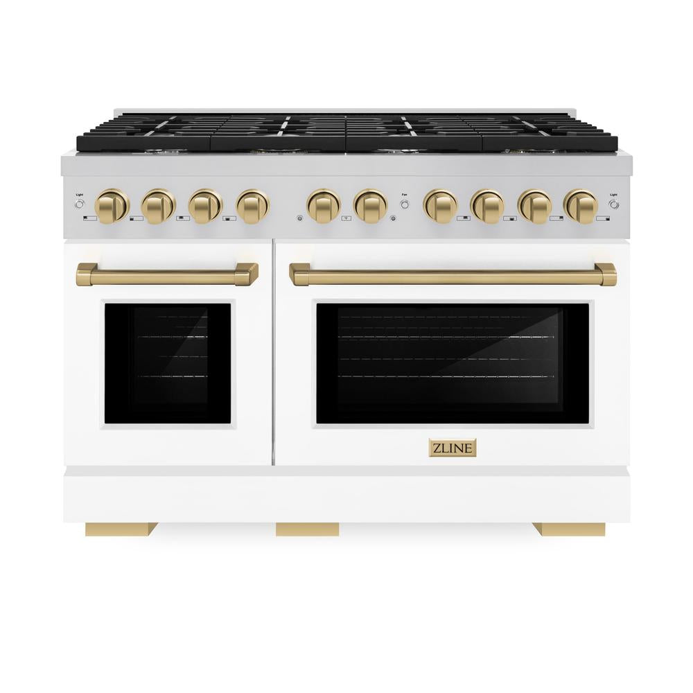 ZLINE Autograph Edition Paramount 48-inch range in stainless steel with white matte door and champagne bronze accents SDRZ-WM-48-CB, front view