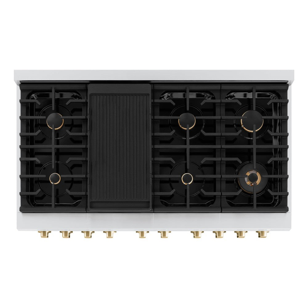 ZLINE Autograph Edition Paramount 48-inch range in stainless steel with white matte door and polished gold accents SDRZ-WM-48-G, from above