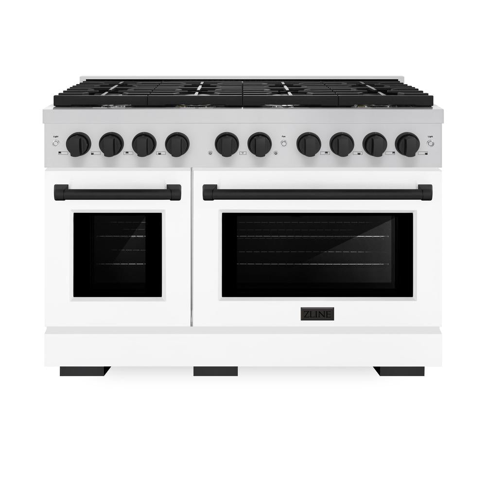 ZLINE Autograph Edition Paramount 48-inch range in stainless steel with white matte door and matte black accents SDRZ-WM-48-MB, front view