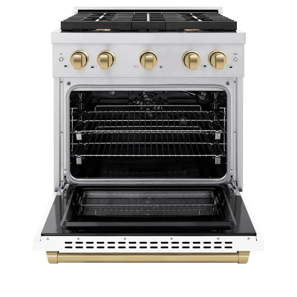 ZLINE Autograph Edition Paramount 30-inch range in stainless steel with white matte door and champagne bronze accents SGRZ-WM-30-CB, front view