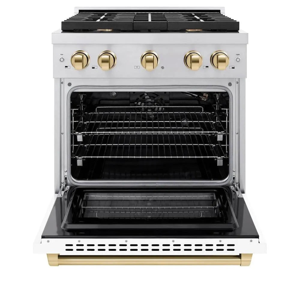 ZLINE Autograph Edition Paramount 30-inch range in stainless steel with white matte door and polished gold accents SGRZ-WM-30-G, front view