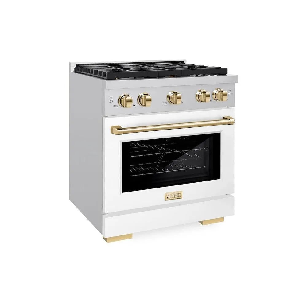 ZLINE Autograph Edition Paramount 30-inch range in stainless steel with white matte door and polished gold accents SGRZ-WM-30-G