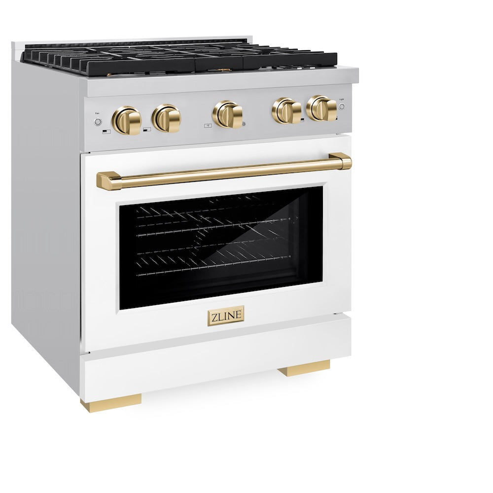 ZLINE Autograph Edition Paramount 30-inch range in stainless steel with white matte door and polished gold accents SGRZ-WM-30-G, view 3