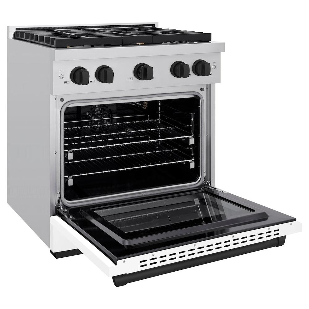 ZLINE Autograph Edition Paramount 30-inch range in stainless steel with white matte door and matte black accents SGRZ-WM-30-MB, door open