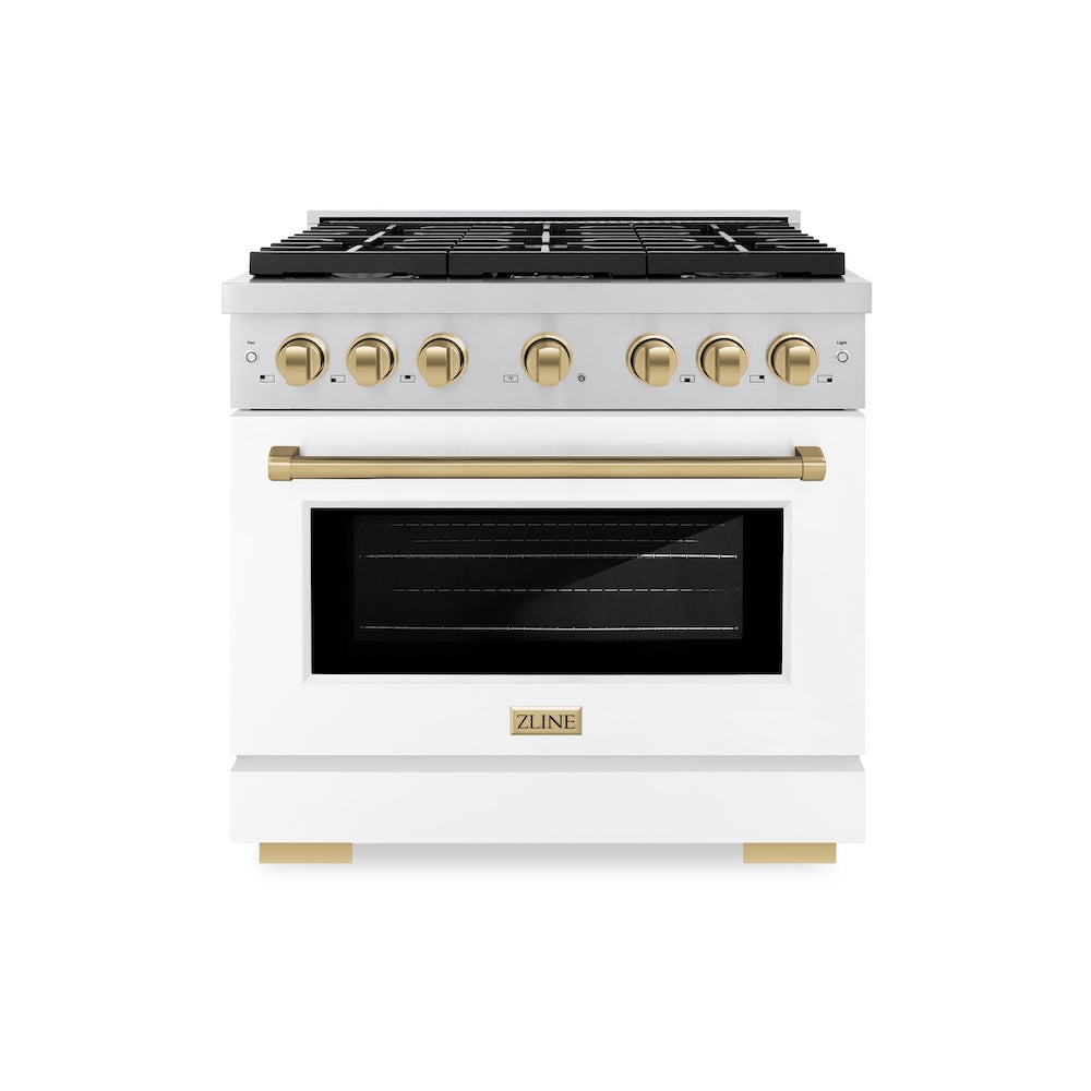 ZLINE Autograph Edition Paramount 36-inch range in stainless steel with white matte door and champagne bronze accents SGRZ-WM-36-CB, front view