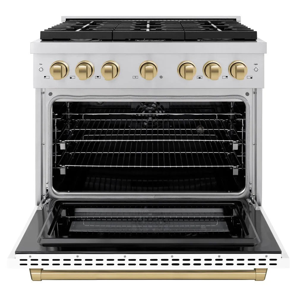 ZLINE Autograph Edition Paramount 36-inch range in stainless steel with white matte door and champagne bronze accents SDRZ-WM-36-CB, front view