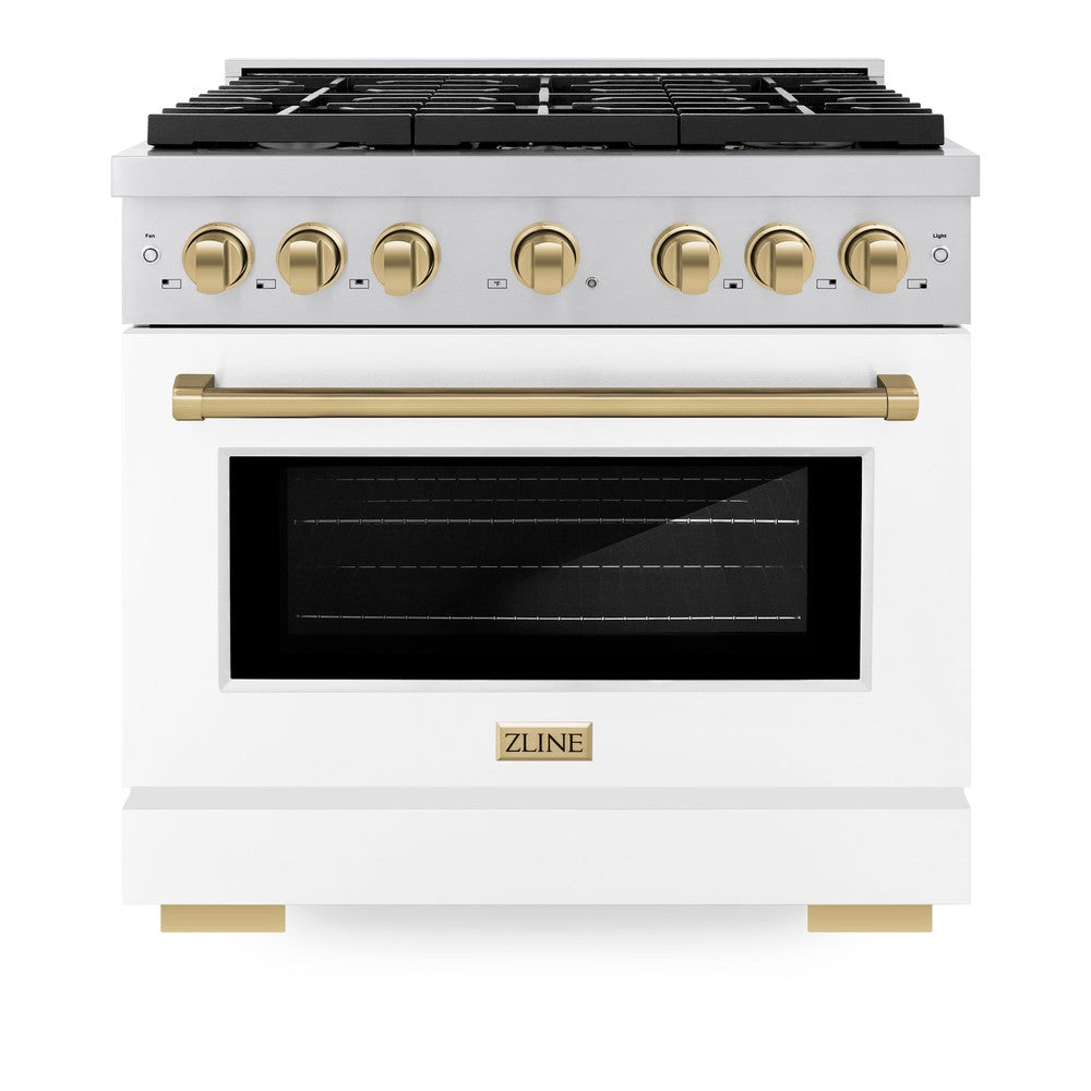 ZLINE Autograph Edition Paramount 36-inch range in stainless steel with white matte door and champagne bronze accents SDRZ-WM-36-CB, front view