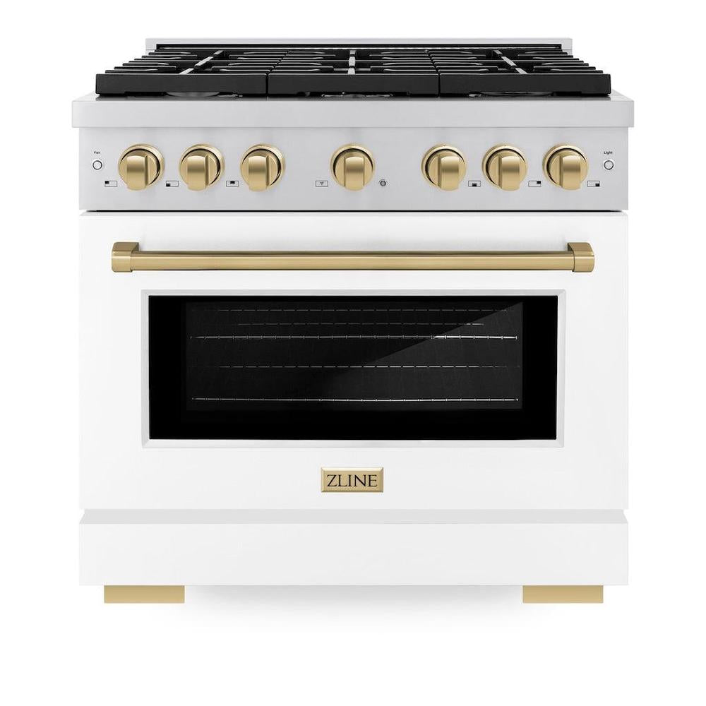 ZLINE Autograph Edition Paramount 36-inch range in stainless steel with white matte door and champagne bronze accents SGRZ-WM-36-CB, front view