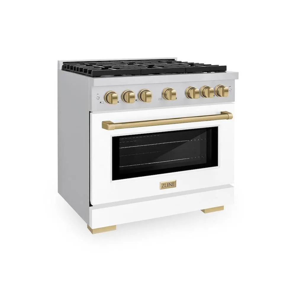 ZLINE Autograph Edition Paramount 36-inch range in stainless steel with white matte door and champagne bronze accents SGRZ-WM-36-CB