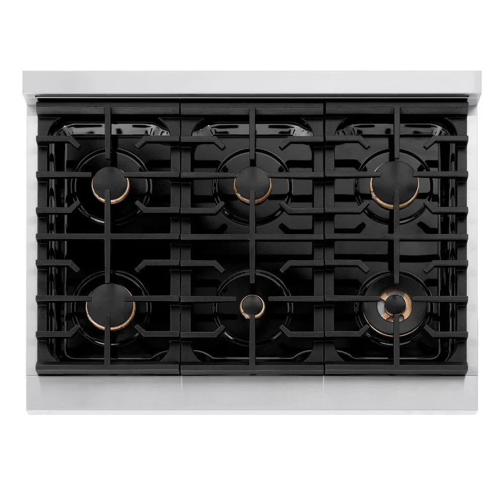 ZLINE Autograph Edition Paramount 36-inch range in stainless steel with white matte door and champagne bronze accents SDRZ-WM-36-CB, from above
