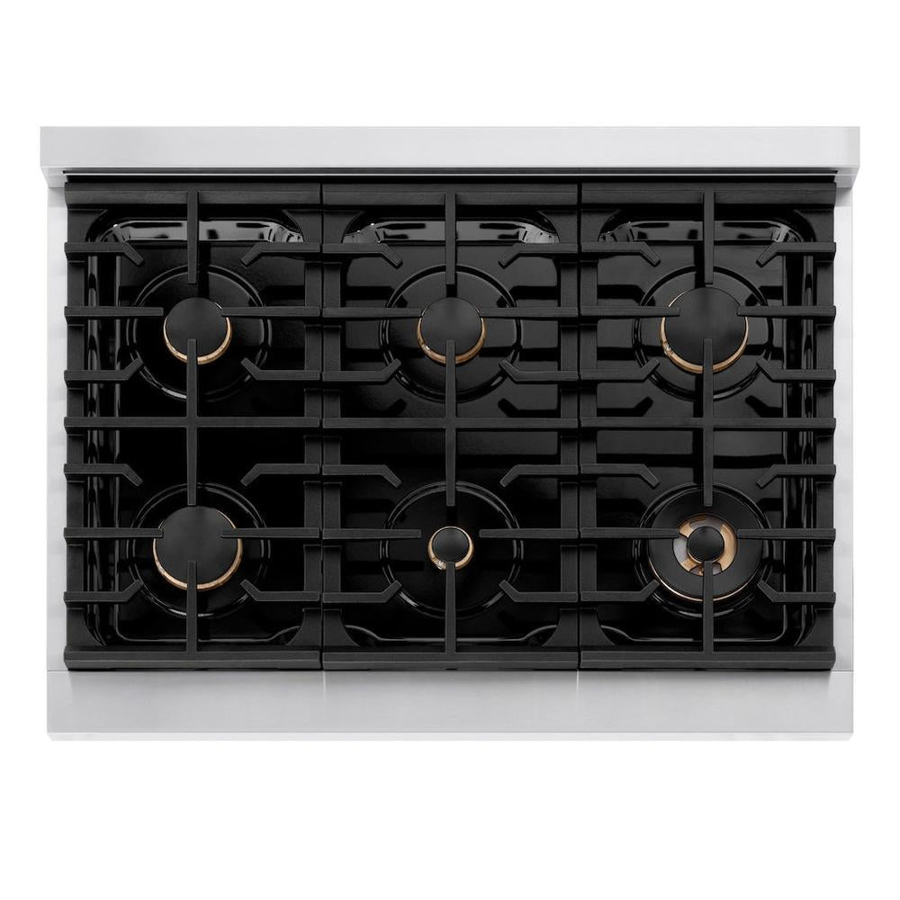 ZLINE Autograph Edition Paramount 36-inch range in stainless steel with white matte door and champagne bronze accents SGRZ-WM-36-CB, from above