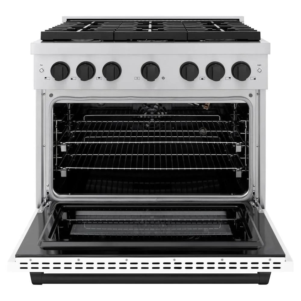 ZLINE Autograph Edition Paramount 36-inch range in stainless steel with white matte door and matte black accents SGRZ-WM-36-MB, front view