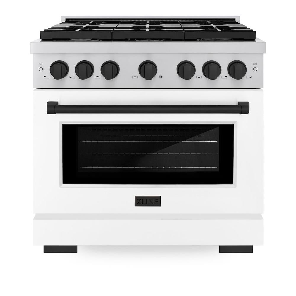ZLINE Autograph Edition Paramount 36-inch range in stainless steel with white matte door and matte black accents SGRZ-WM-36-MB, front view