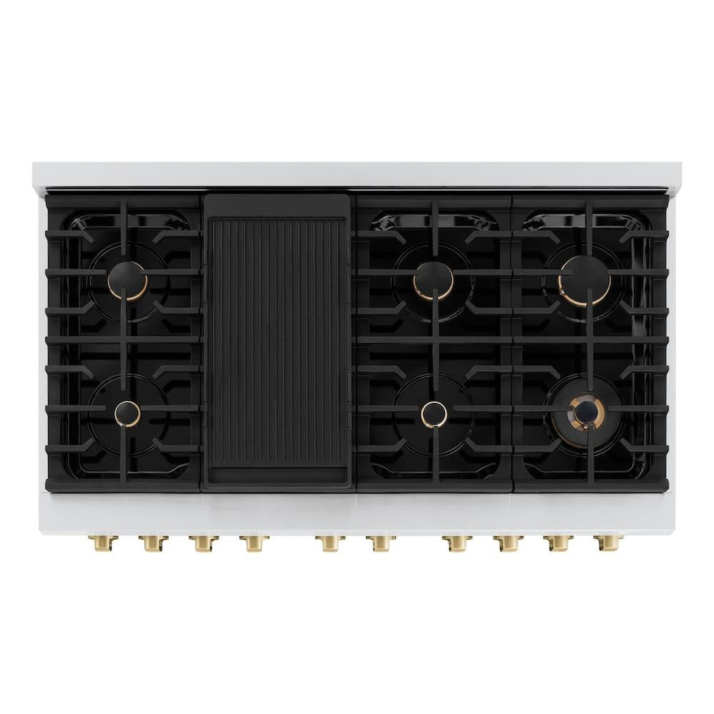 ZLINE Autograph Edition Paramount 48-inch range in stainless steel with white matte door and champagne bronze accents SGRZ-WM-48-CB, from above