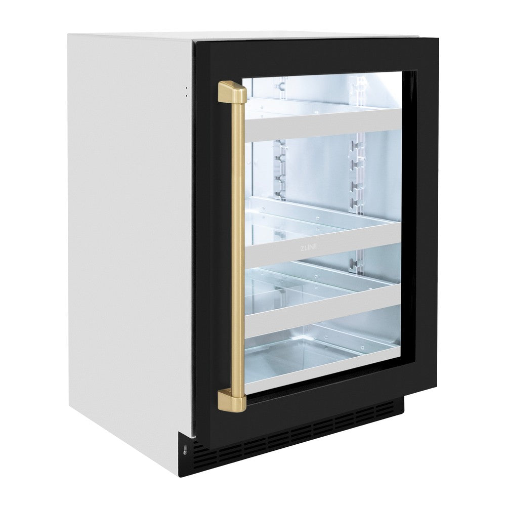 ZLINE Autograph Edition Touchstone 24-inch beverage fridge in stainless steel with black matte door and champagne bronze accents RBSOZ-BLM-24-CB, side view