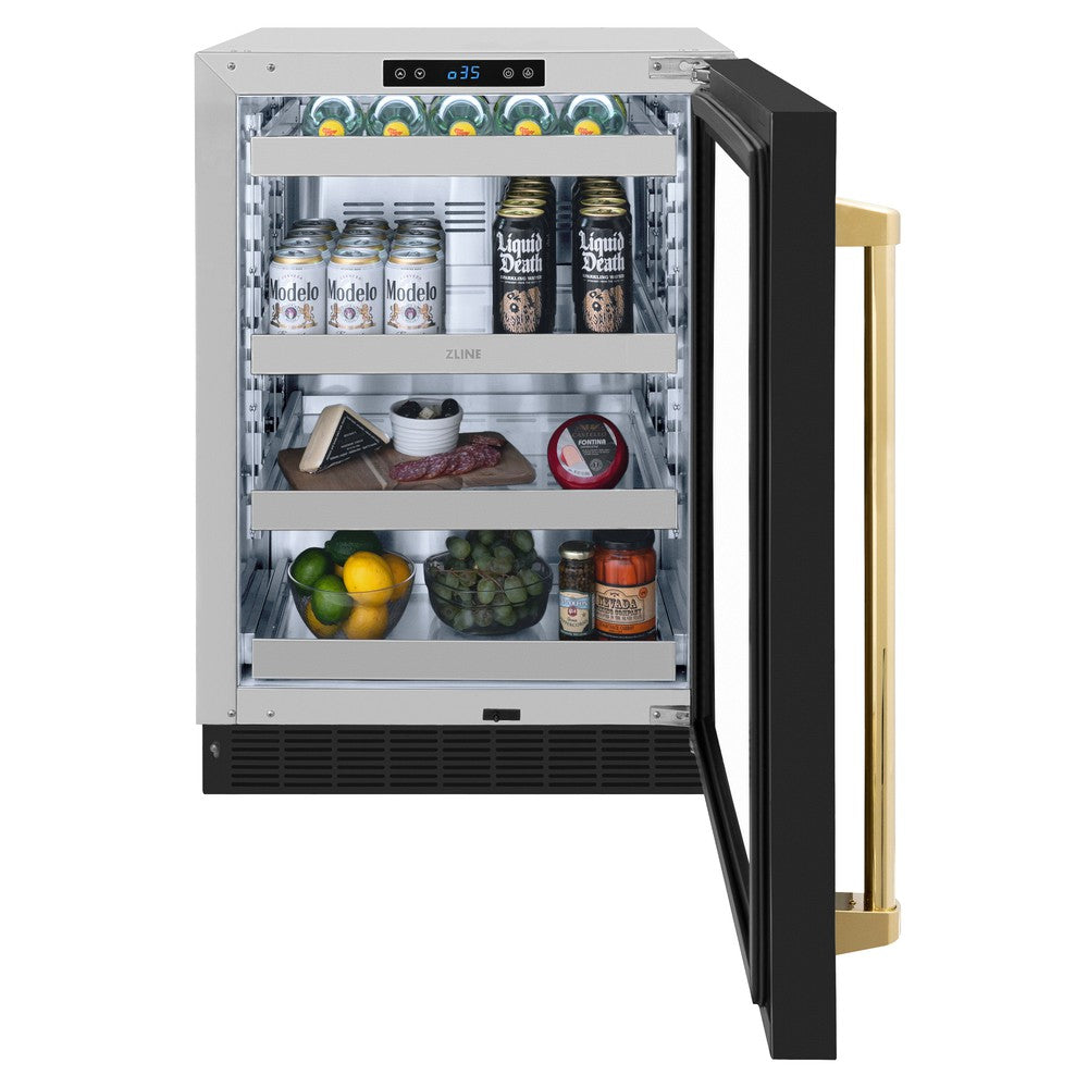 ZLINE Autograph Edition Touchstone 24-inch beverage fridge in stainless steel with black matte door and polished gold accents RBSOZ-BLM-24-G, front view