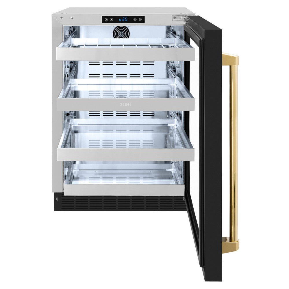 ZLINE Autograph Edition Touchstone 24-inch beverage fridge in stainless steel with black matte door and polished gold accents RBSOZ-BLM-24-G, front view
