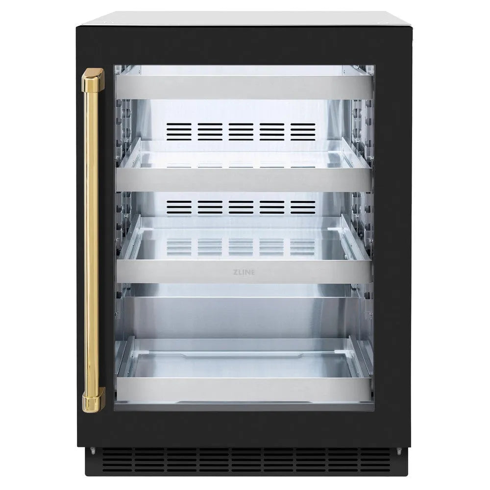 ZLINE Autograph Edition Touchstone 24-inch beverage fridge in stainless steel with black matte door and polished gold accents RBSOZ-BLM-24-G