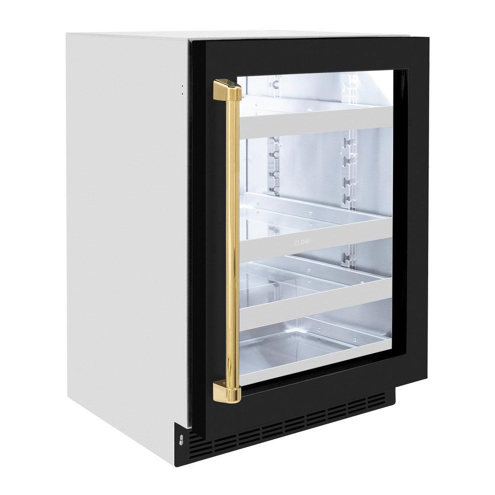 ZLINE Autograph Edition Touchstone 24-inch beverage fridge in stainless steel with black matte door and polished gold accents RBSOZ-BLM-24-G, view 5