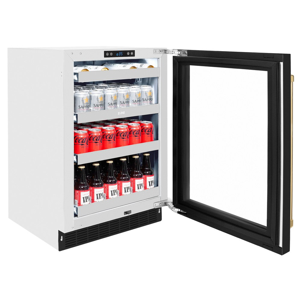 ZLINE Autograph Edition Touchstone 24-inch beverage fridge in stainless steel with black matte door and polished gold accents RBSOZ-BLM-24-G, door open