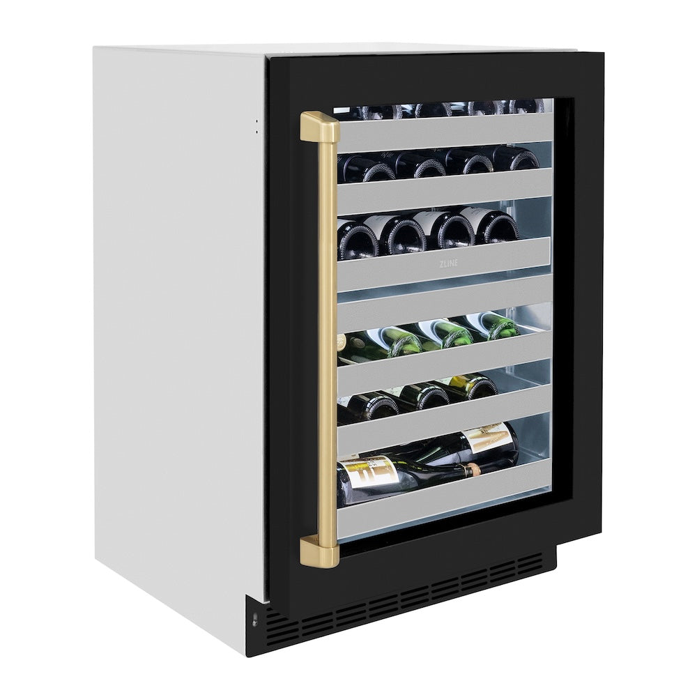 ZLINE Autograph Edition Touchstone 24-inch wine cooler in stainless steel with black matte door and champagne bronze accents RWDOZ-BLM-24-CB, view 4