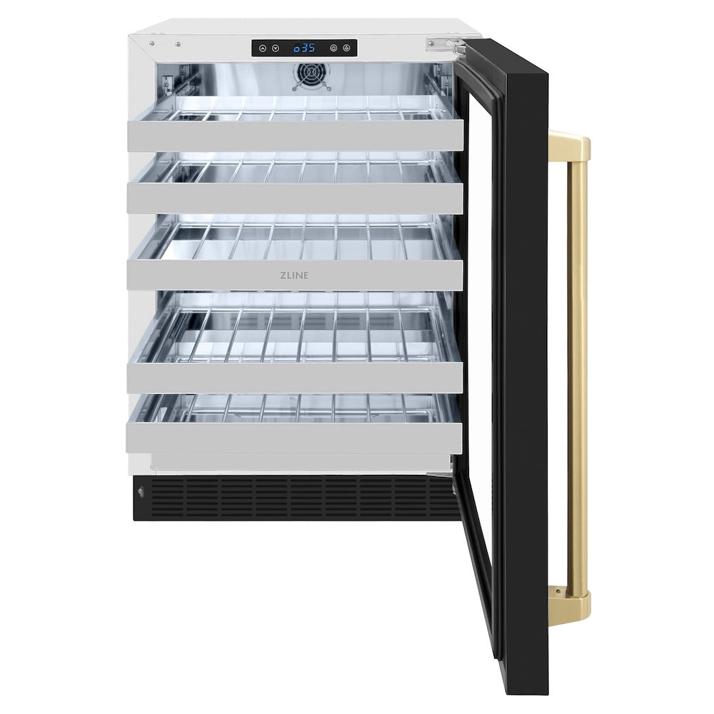 ZLINE Autograph Edition Touchstone 24-inch wine cooler in stainless steel with black matte door and champagne bronze accents RWDOZ-BLM-24-CB, front view